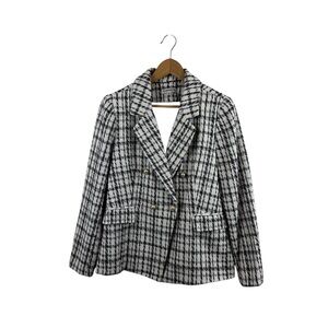 Nanette Lepore Double Breasted Windowpane Cream Tweed Plaid Blazer Sz 12